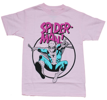 Spider-man Mens T-Shirt - Swinging Spidey Under Pink Logo