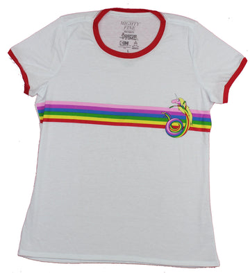 Adventure Time Girls Juniors T-Shirt- Rainbow Striped Unicorn Image