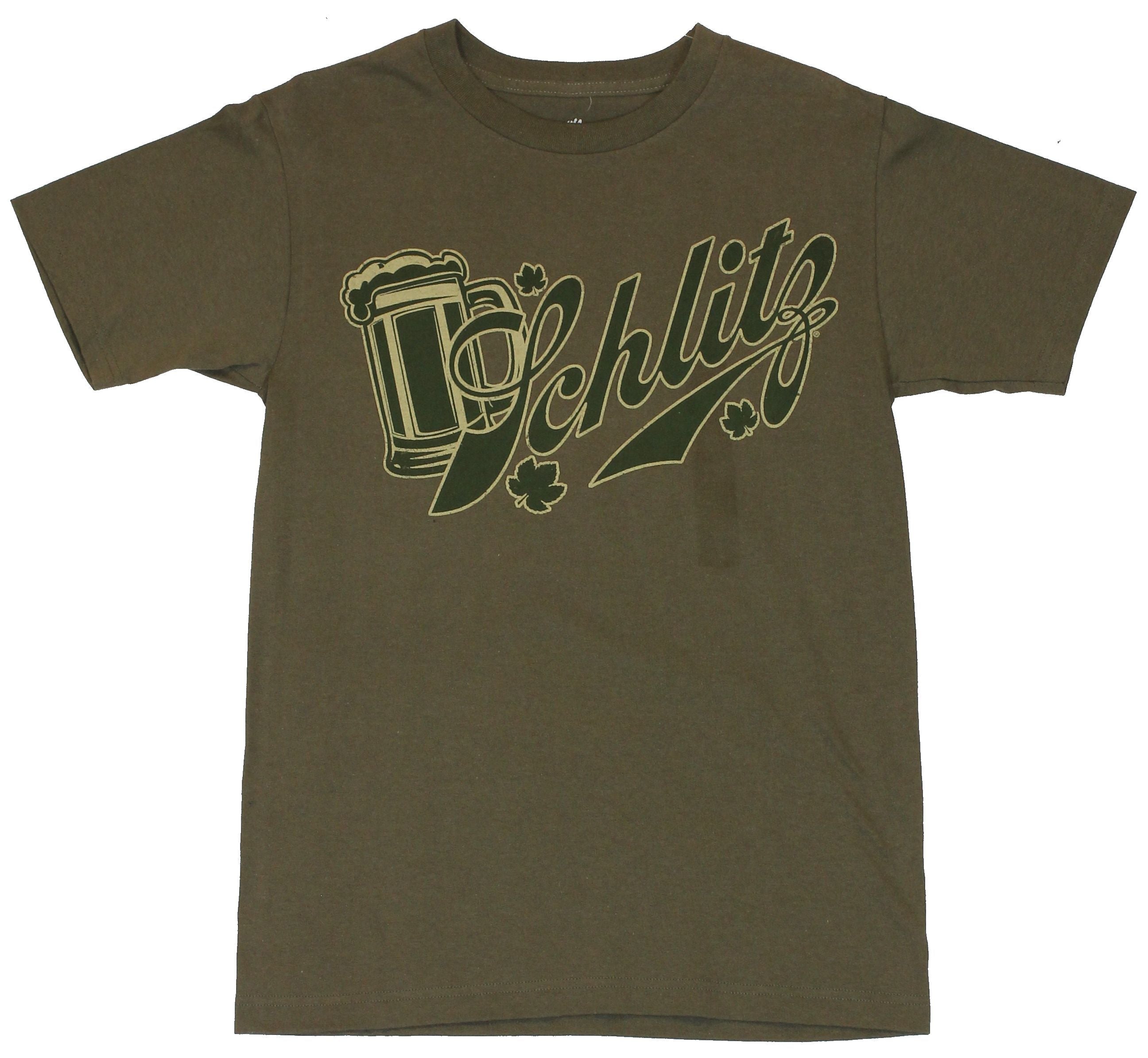 Schlitz Mens T-Shirt  -Classic Brand Name Logo on Gunship Green