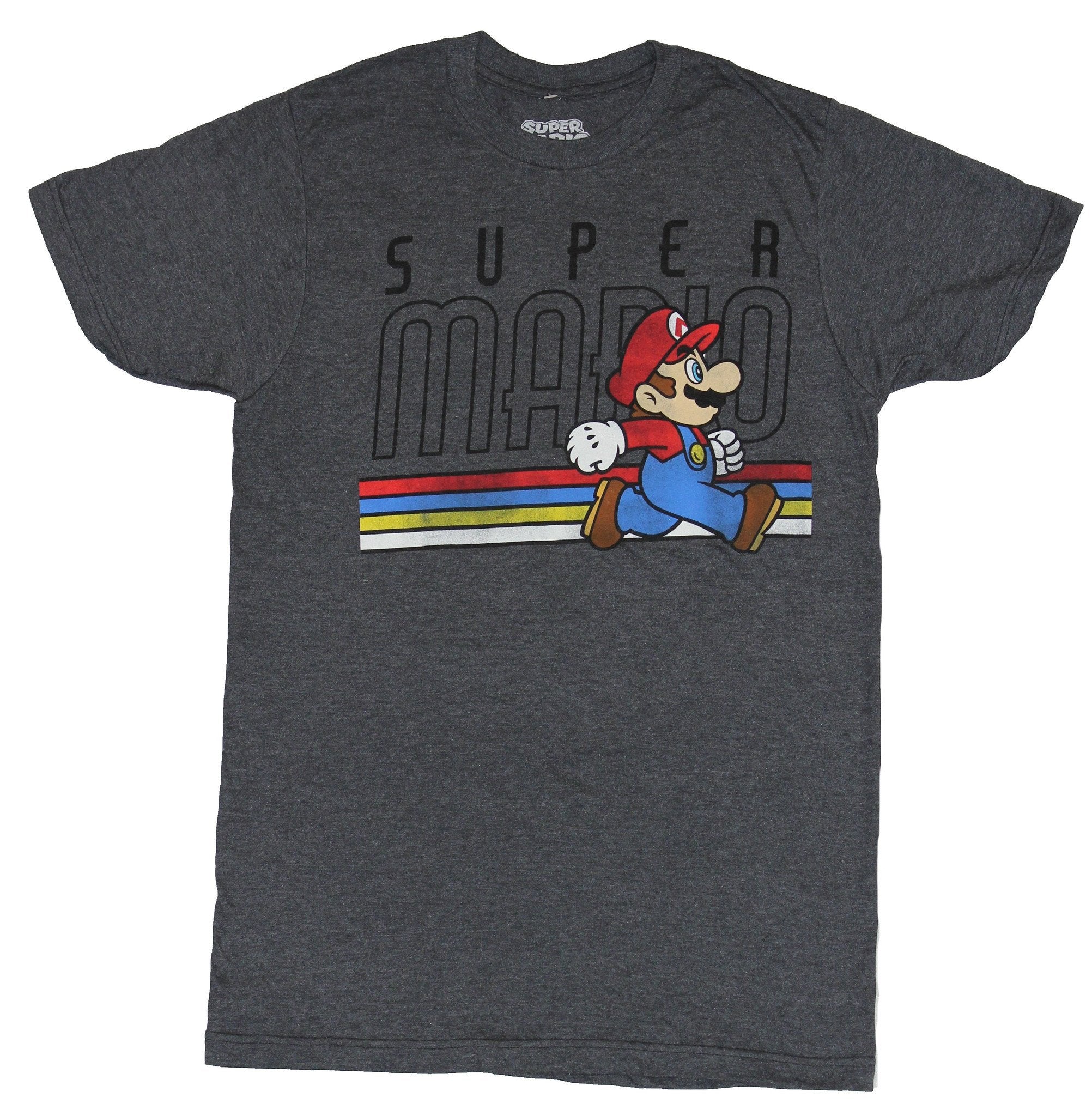 Super Mario Brothers Mens T-Shirt - Distressed 4 Color Running Stripe With Name