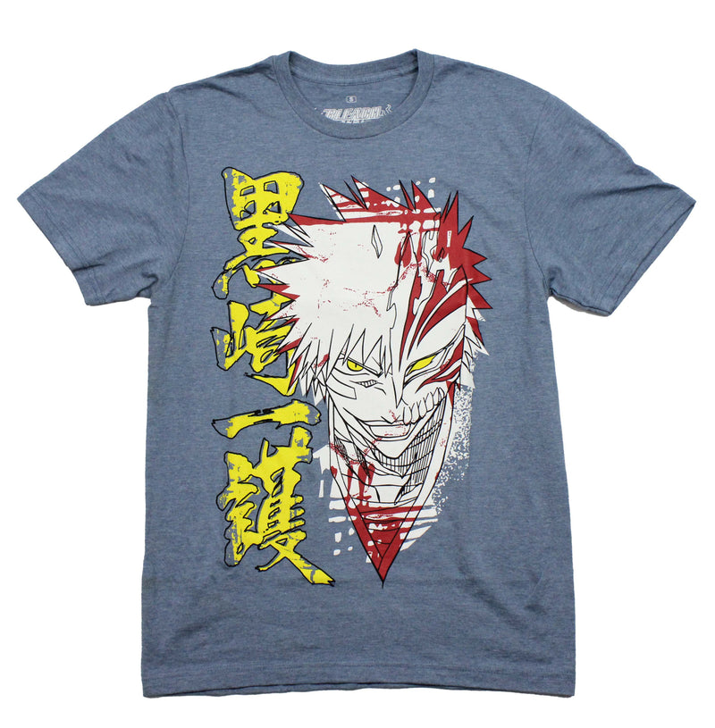 Bleach Mens T-Shirt - Ichigo Blood Splatter Along Yellow Kanji - Inmyparentsbasement.com