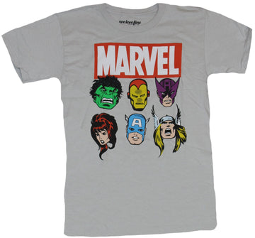 Marvel Comics Mens T-Shirt - Six Heroes Below Classic Red Marvel logo