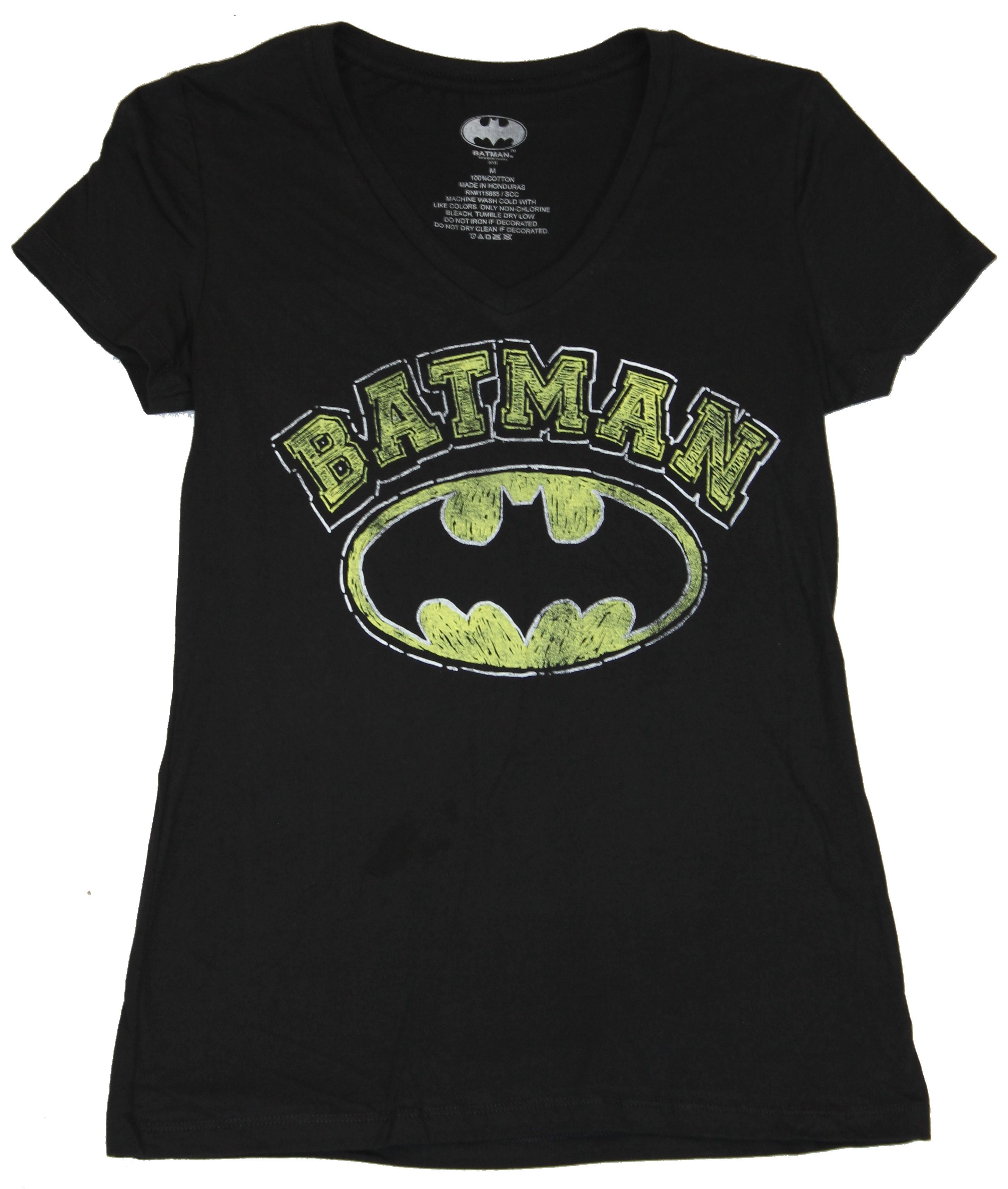 Batman (DC Comics) Girls Juniors V-Neck T-Shirt - Distressed Word Logo Image