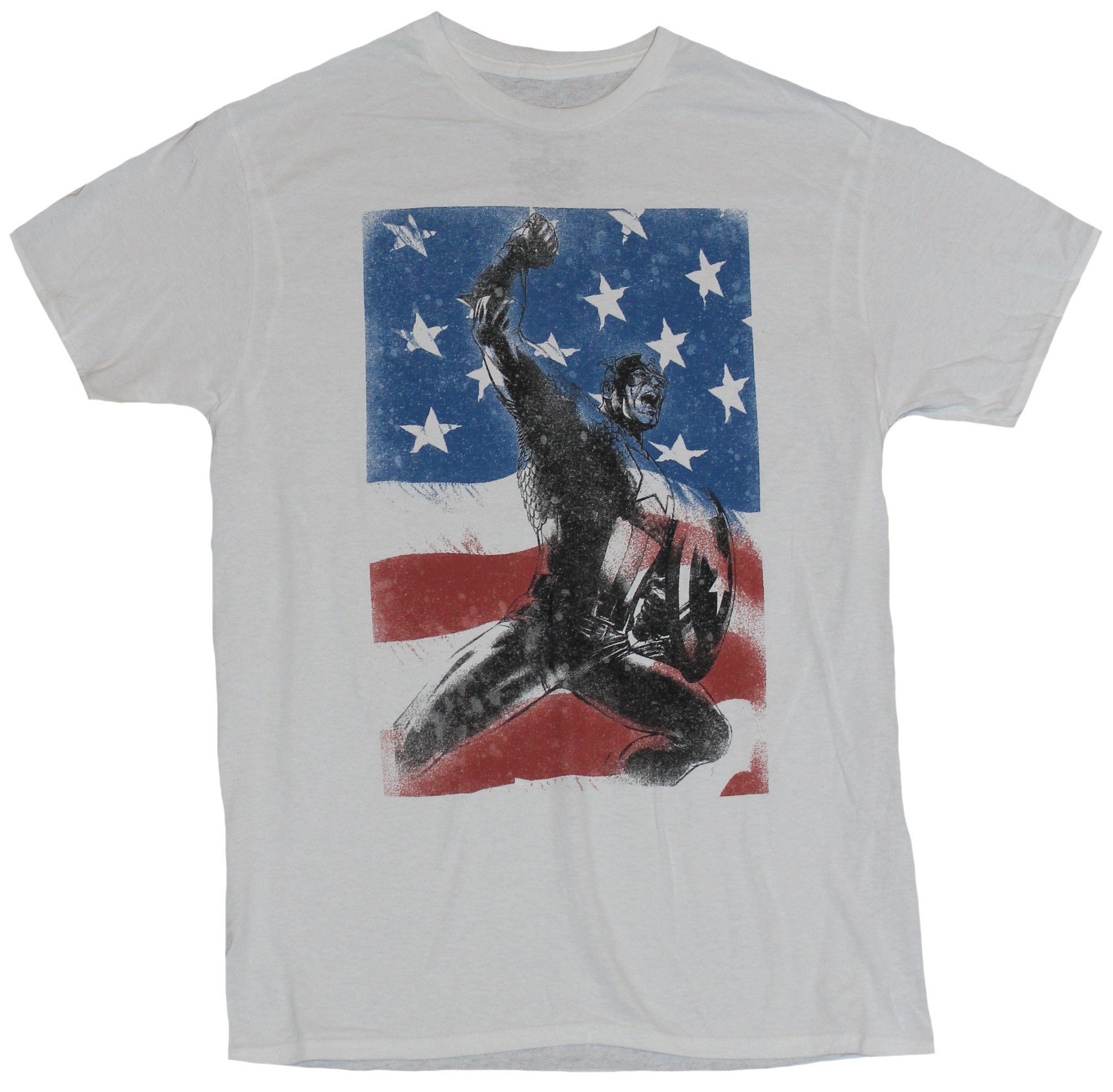 Captain America Mens T-Shirt - Battle Charging Cap Sketch Over American Flag