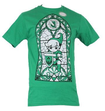 Legend of Zelda Mens T-Shirt - Stained Glass Ornate Kneeling Link Image