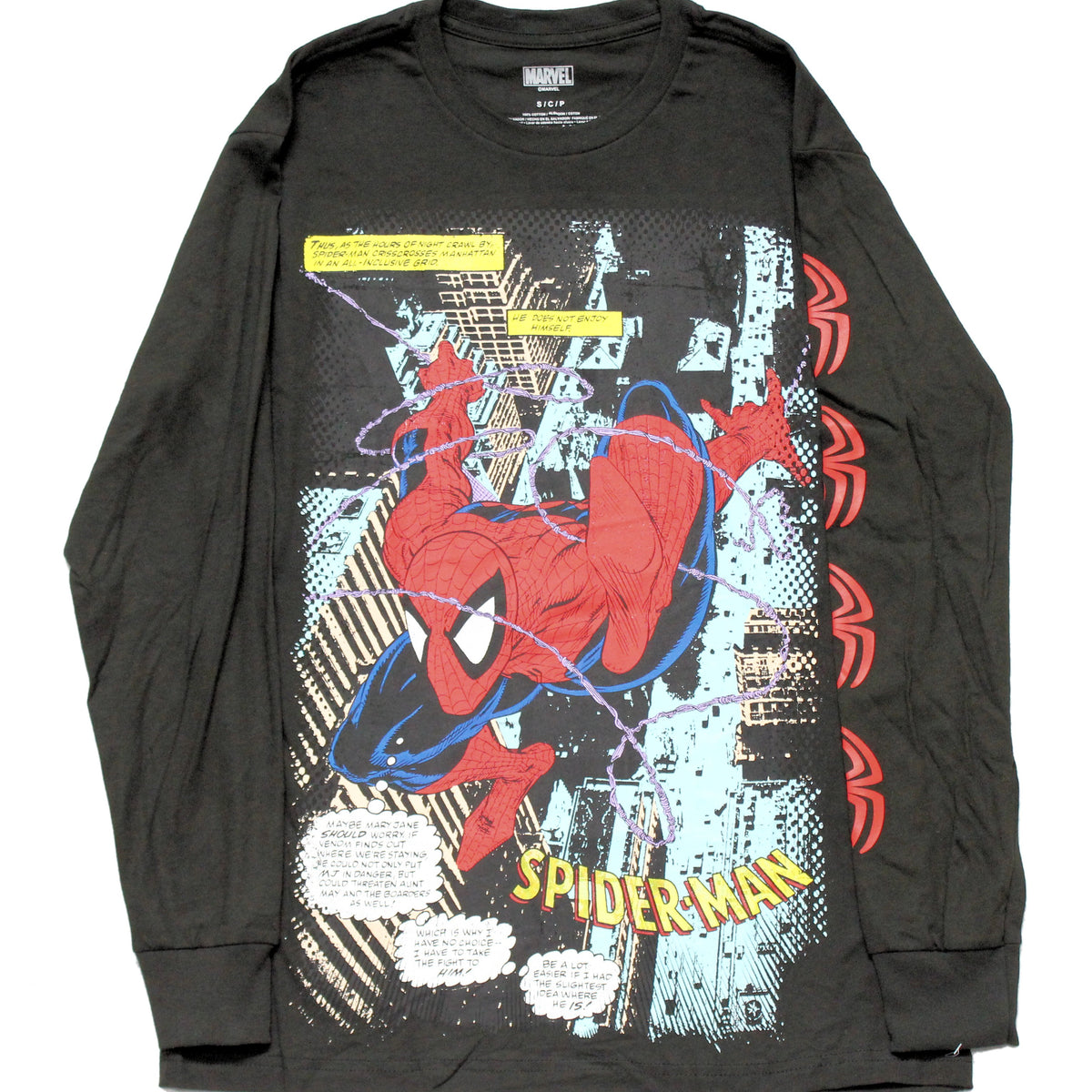 Spider-Man Mens Longsleeve T-Shirt - Swinging Over City Comic