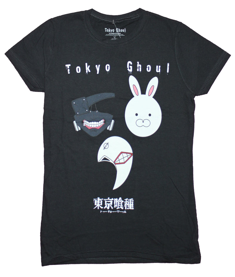 Tokyo Ghoul Girls Juniors T-Shirt - Rabbit Ghoul Masks Over Kanji Image