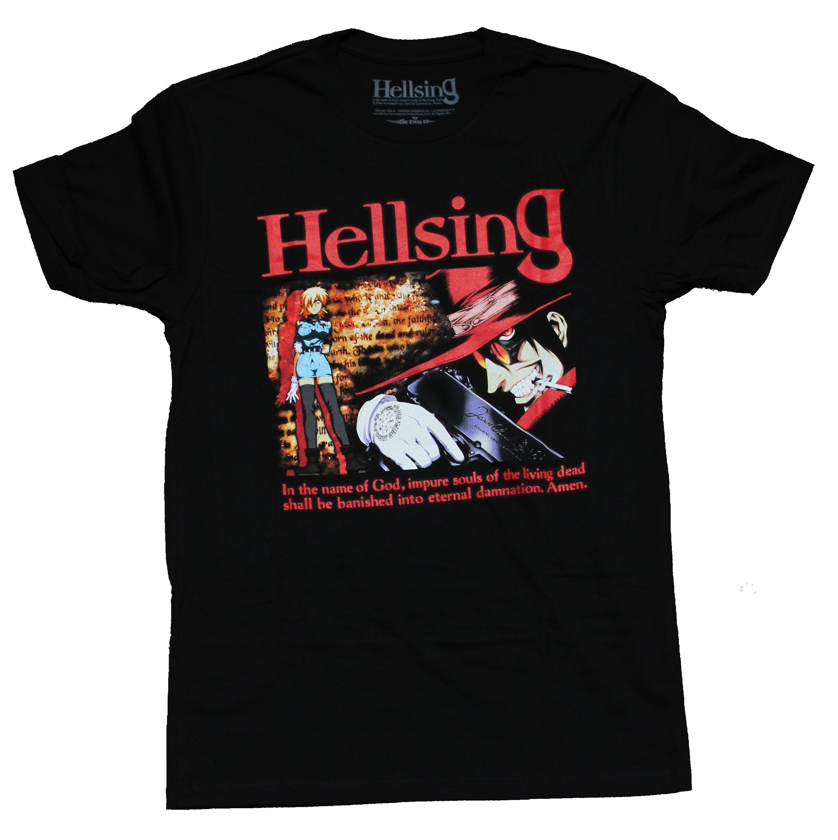 Hellsing Mens T-Shirt - Alucard Sera's Gun Pose Over Long Quote