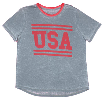 USA Ringer Girls Juniors T-Shirt  - Simple Red Bar USA Logo