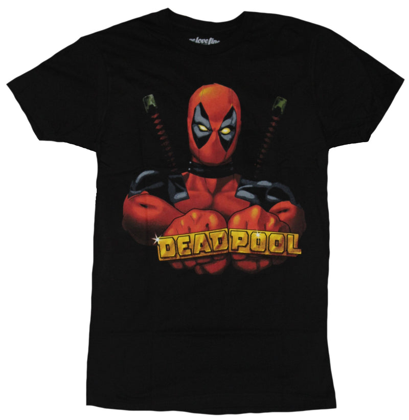 Deadpool (Marvel Comics) Mens T-Shirt - Flexing Knuckle Ringed Name Image