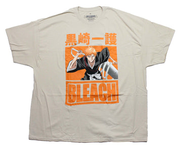 Bleach Mens T-Shirt - Ichigo Grabbing Sword Orange Background Kanji Name