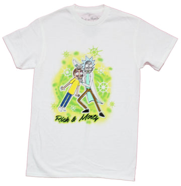 Rick and Morty Mens T-Shirt - Rick Holding Morty Eyes on A green Field