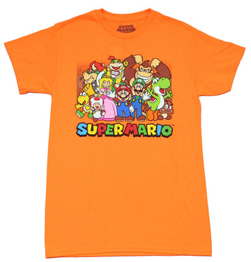 Super Mario Brothers Mens T-Shirt - Giant Character Group Over Colorful Logo