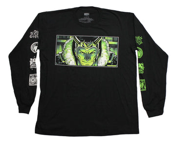 Loki Mens Long Sleeve T-Shirt - Green Boxed Image Circle Logos on Sleeves