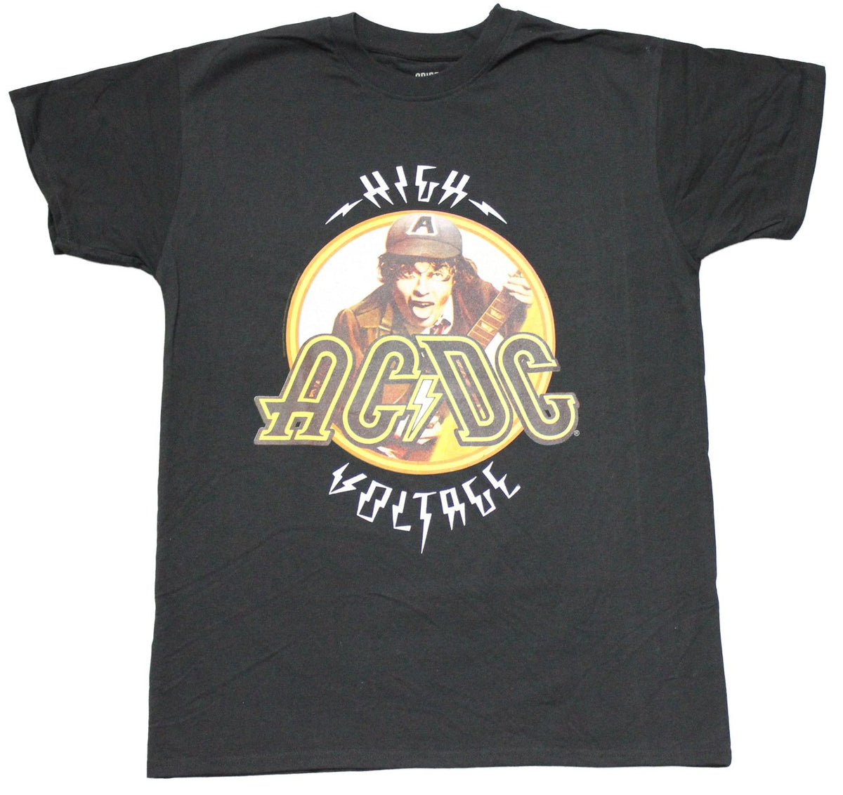 AC/DC Mens T-Shirt - Angus Guitar Player over Name High Voltage ...