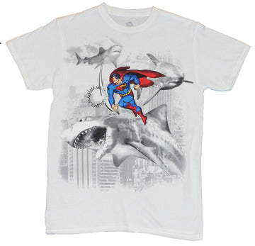 Superman (DC Comics) Mens T-Shirt  - Punching Sharks and Taking Names Image