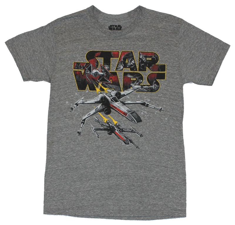 Star Wars Mens T-Shirt - Tie Fighters Chasing X-Wing Through the Logo Image - Inmyparentsbasement.com
