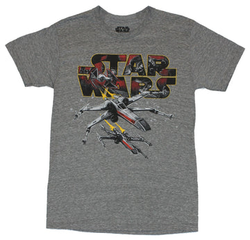 Star Wars Mens T-Shirt - Tie Fighters Chasing X-Wing Through the Logo Image
