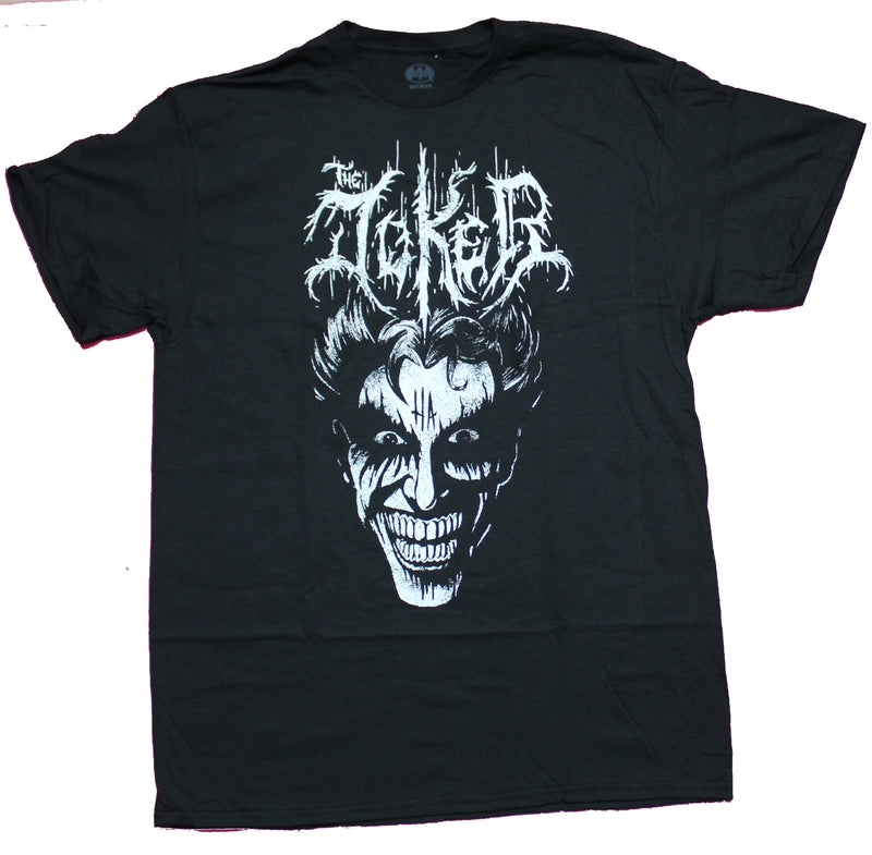 Joker Mens T-Shirt  - Metal Style Black and White Face Under Name