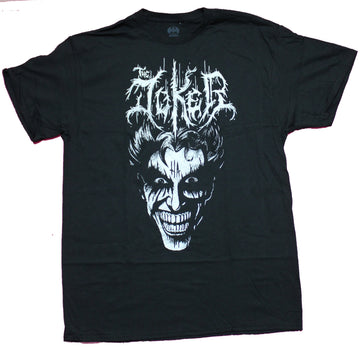Joker Mens T-Shirt  - Metal Style Black and White Face Under Name