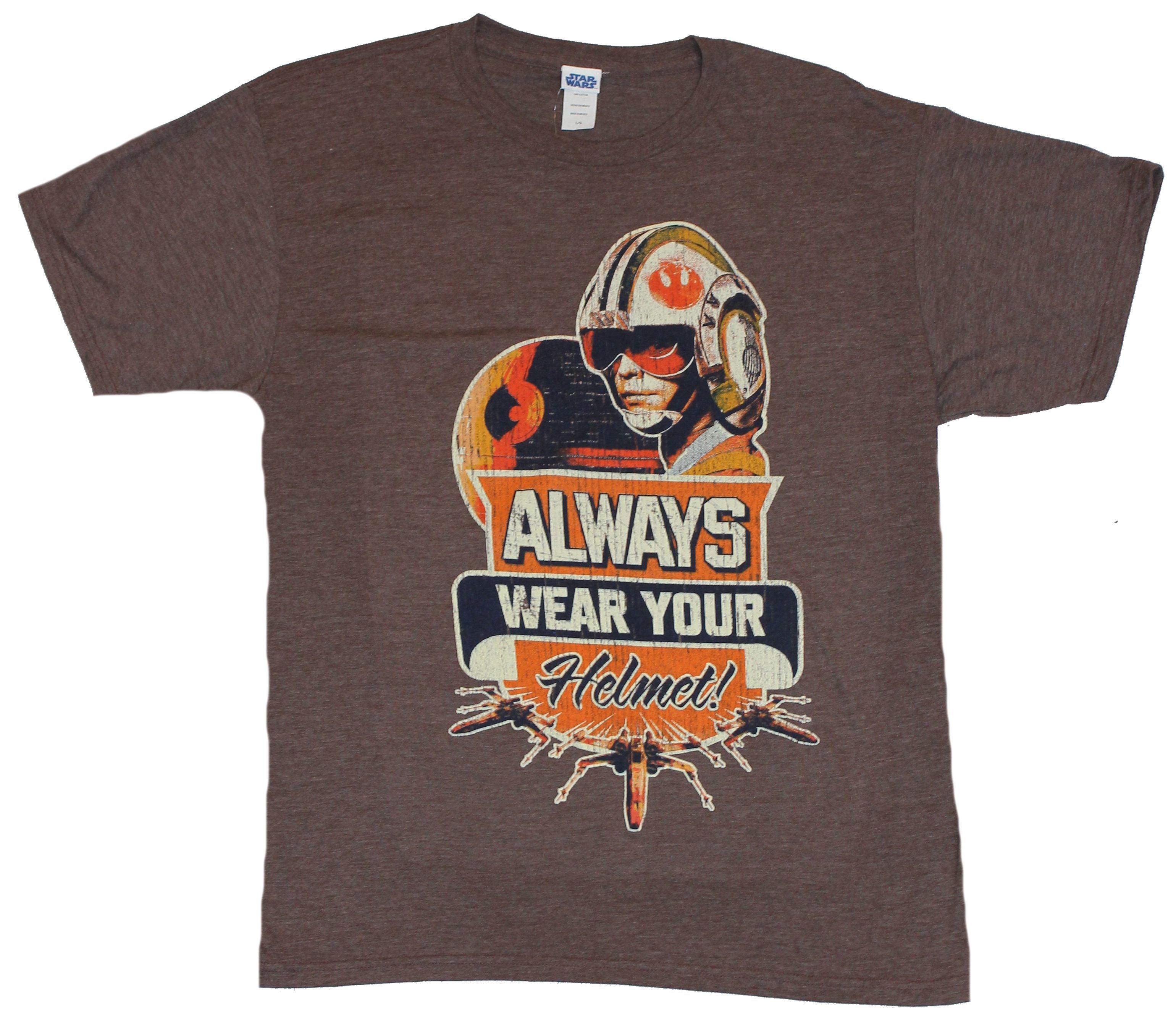 Star Wars Mens T-Shirt - "Always Wear Your Helmet" Distressed X-Wing Luke Image