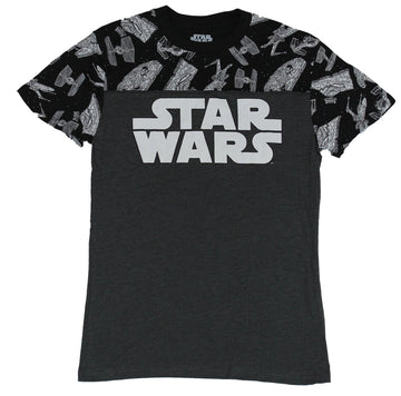 Star Wars Mens T-Shirt - Simple White Logo With Ship Sleeves Allover