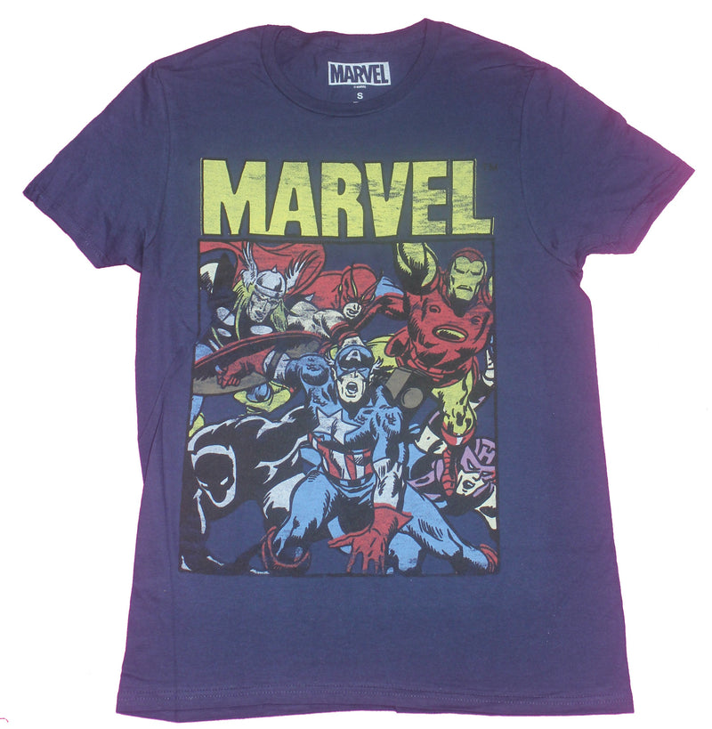 Avengers Mens T-Shirt- Comic Style Distressed Action Group Under Logo - Inmyparentsbasement.com