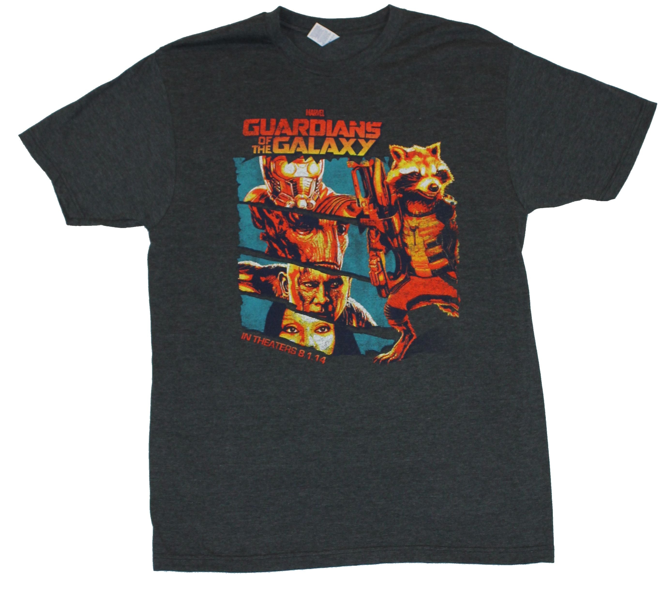 Guardians of the Galaxy Mens T-Shirt - Slashed Movie Hero Images w/ Release Date