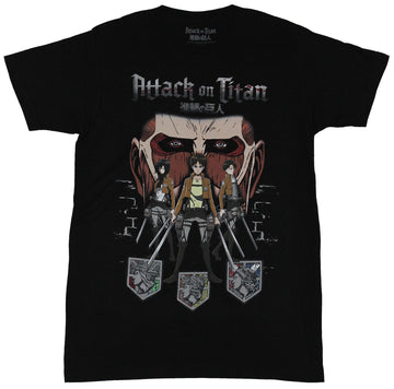 Attack on Titan Mens T-Shirt - The Survey Corps Trio Under Titan Face Image