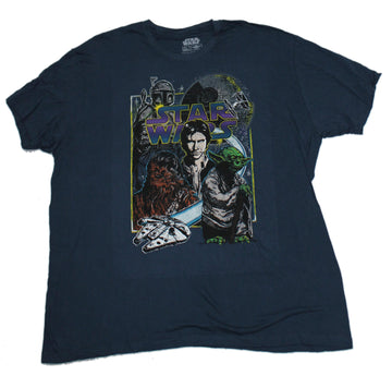 Star Wars Mens T-Shirt - Cast Comic Style Under Falcon and Logo