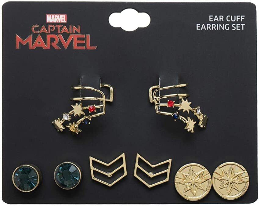Captain Marvel Earring and Ear Cuff Set, Comes W/ 1 Cuff & 3 Stud Earrings