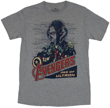 The Avengers (Marvel Comics) Mens T-Shirt - Drawn Heroes Under Ominous Ultron