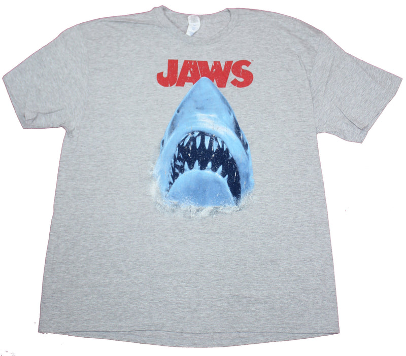 Jaws Mens T-Shirt- Distressed Big Mouth Shark Under Red Name Image