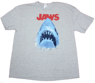 Jaws Mens T-Shirt- Distressed Big Mouth Shark Under Red Name Image