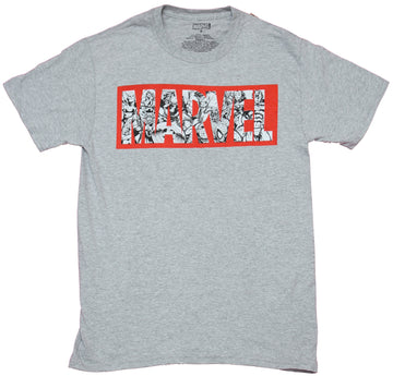Marvel Mens T-Shirt - Classic Red Logo Filled With Characters Image