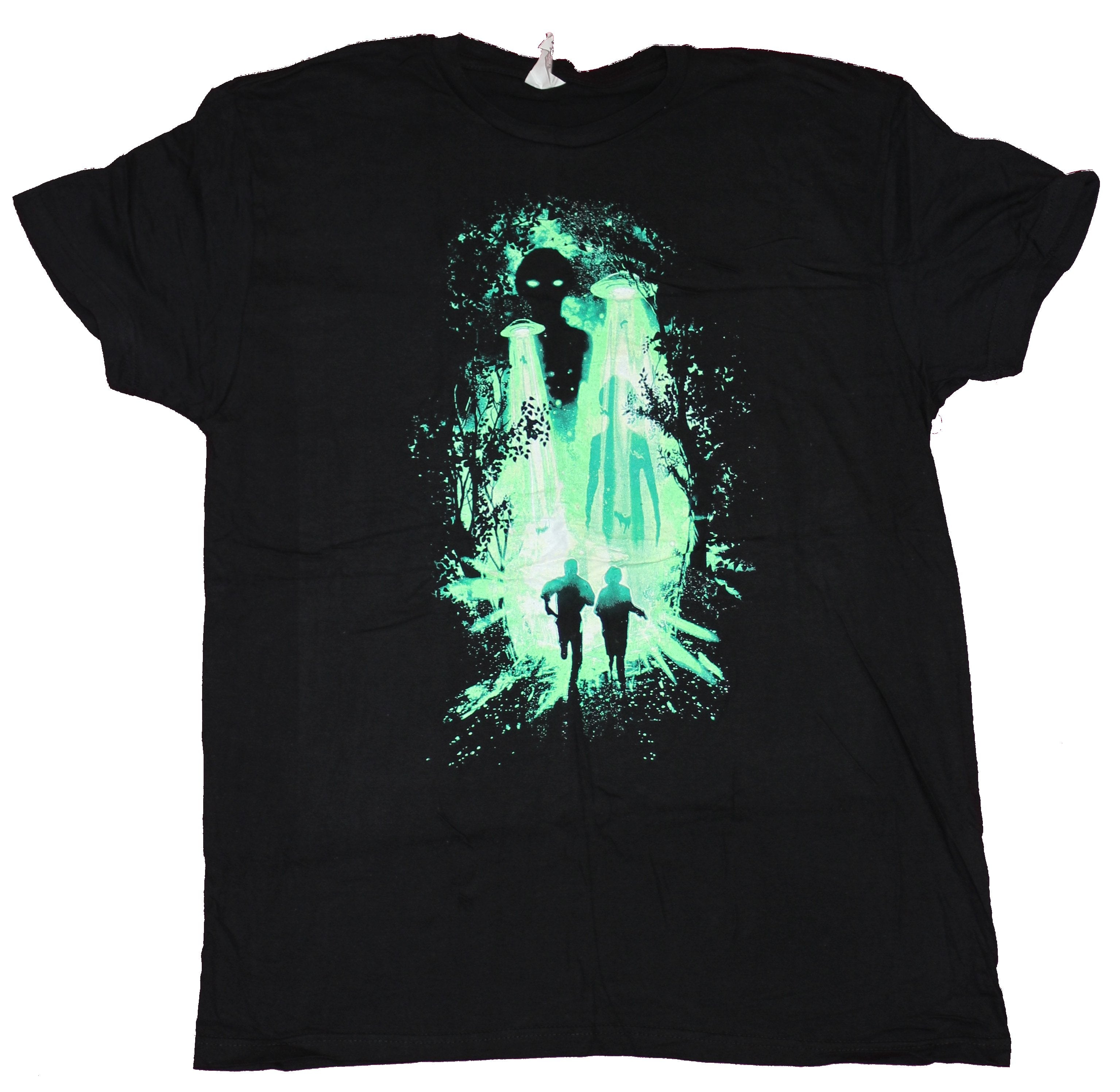 X-Files Mens T-Shirt- Woods Running From Beaming Saucers Image