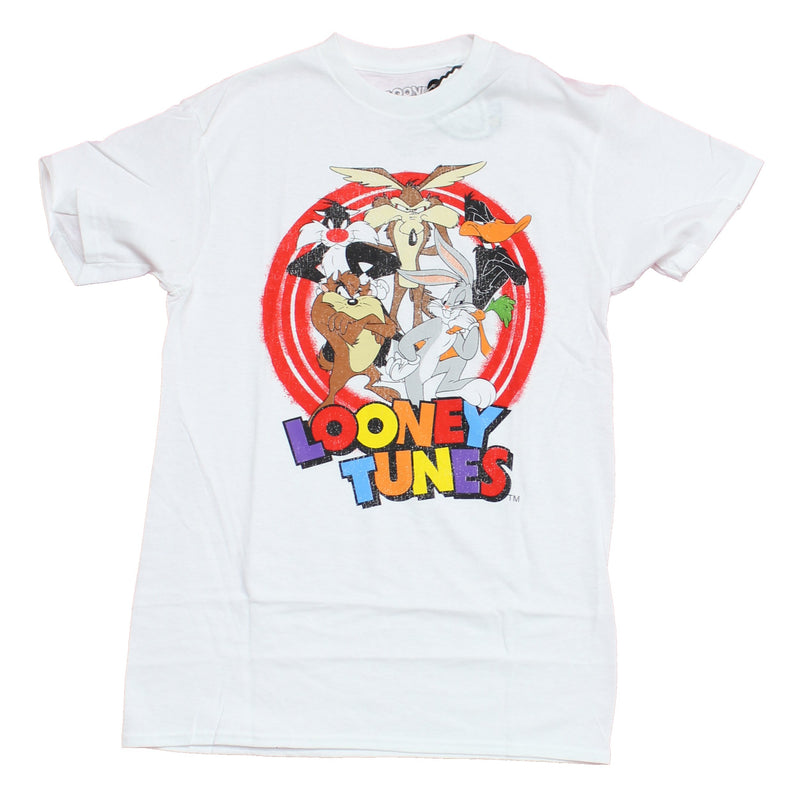 Looney Tunes Mens T-Shirt - Bugs Bunny Daffy & More in Red Circle Over Logo - Inmyparentsbasement.com