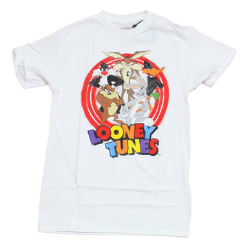 Looney Tunes Mens T-Shirt - Bugs Bunny Daffy & More in Red Circle Over Logo