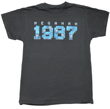 Mega Man Mens T-Shirt - 1987 Blue Logo Pixel Filled Image
