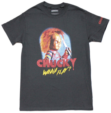 Childs Play Mens T-shirt -Chucky Smirking W/ Knife - Wanna Play?