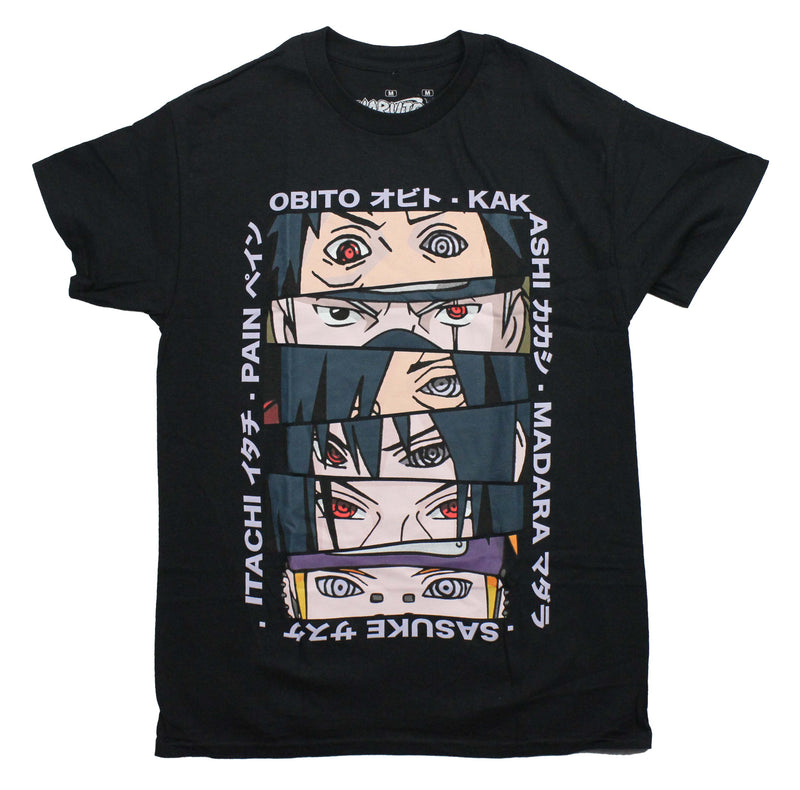 Naruto Shippuden Mens T-Shirt - Eye Images of Uchiha Clan Names in Kanji - Inmyparentsbasement.com