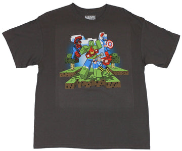 Marvel Comics Mens T-Shirt -  Pixel Block Style Attack Avengers & Spider-Man