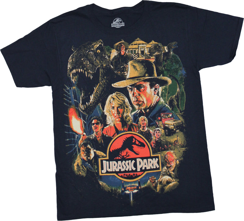 Jurassic Park Mens T-Shirt -Distressed Poster Cast Over Logo - Inmyparentsbasement.com