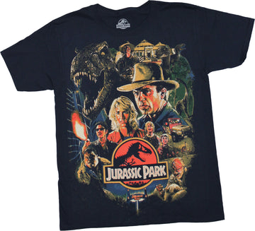 Jurassic Park Mens T-Shirt -Distressed Poster Cast Over Logo