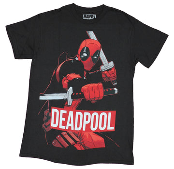 Deadpool Mens T-Shirt - Posed Wielding 2 Swords Over Name