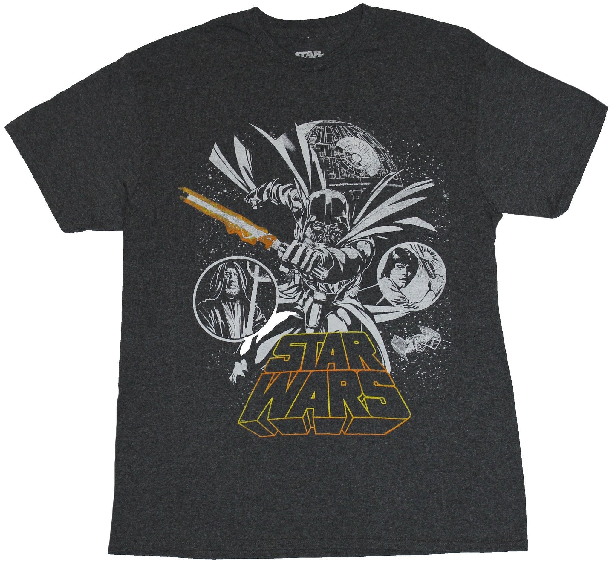 Star Wars Mens T-Shirt - Charging Orange Saber Darth Vader Circled Obi Luke