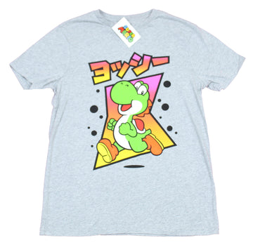 Super Mario Brothers Mens T-Shirt - Running Yoshi Under Colorful Kanji