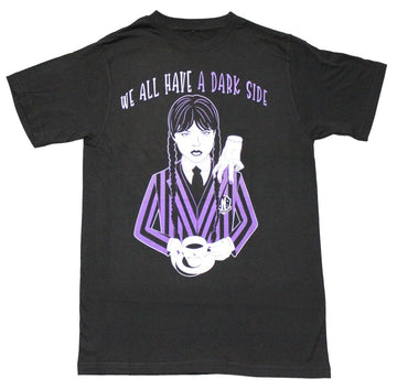 Wednesday Mens T-Shirt - "We All Have A Dark Side" Holding Coffee Cup
