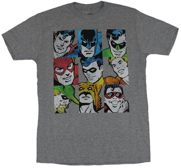 Justice League Mens T-Shirt  - Distressed 9 Box Simple Colored Heroes