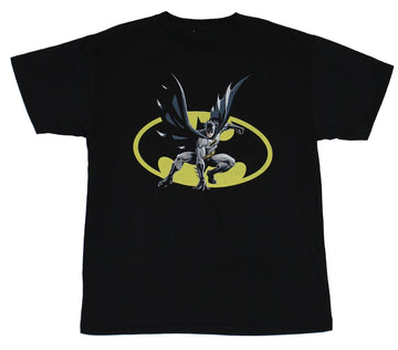 Batman (DC Comics) Mens T-Shirt - Crouched Batman on Oval Logo Image